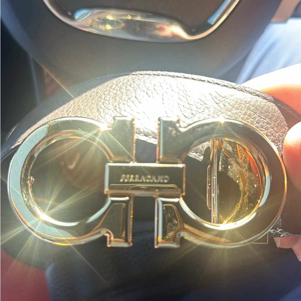 Salvatore Ferragamo Black Leather Belt with Gold Buckle